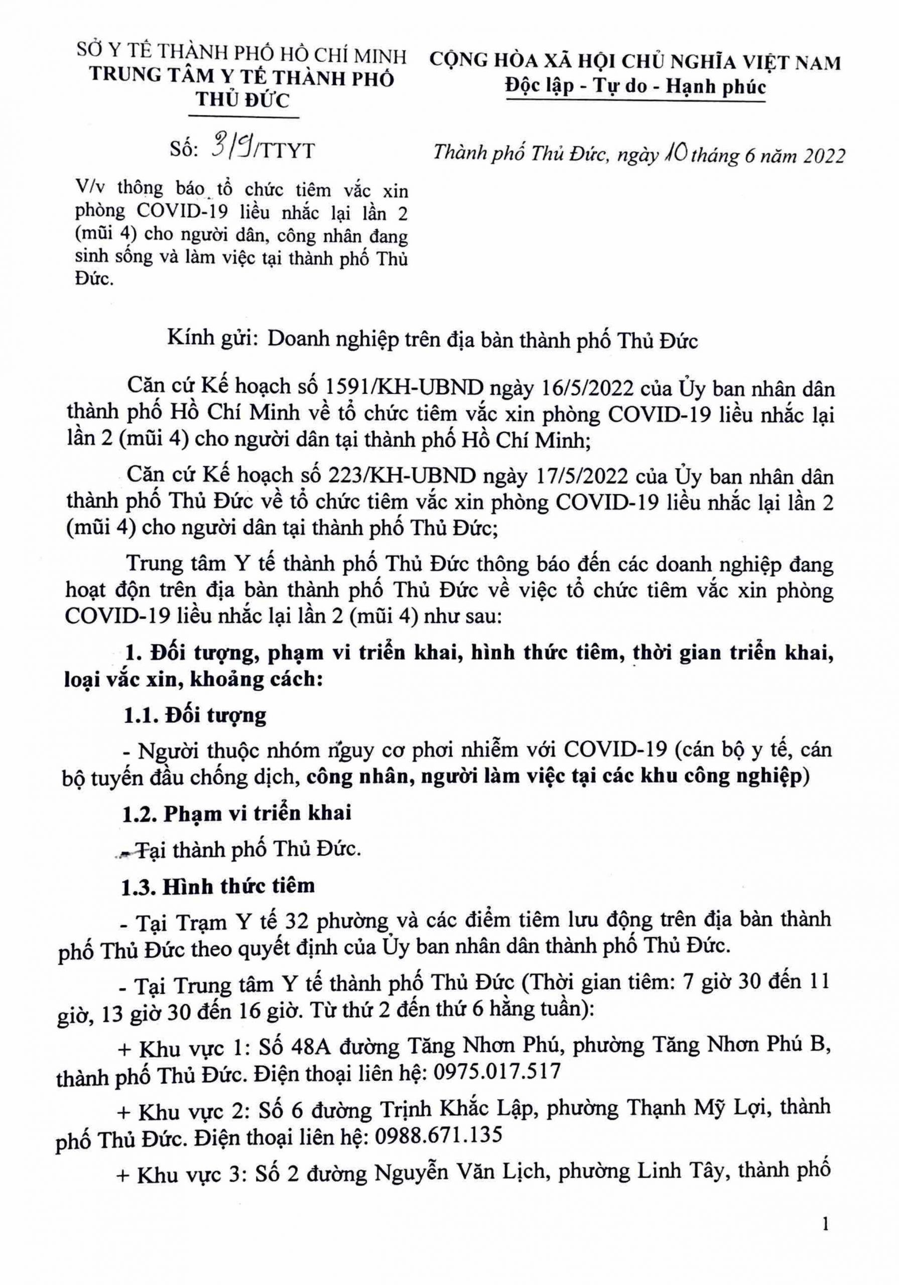 THÔNG BÁO TỔ CHỨC TIÊM VẮC XIN PHÒNG COVID-19 MŨI 4